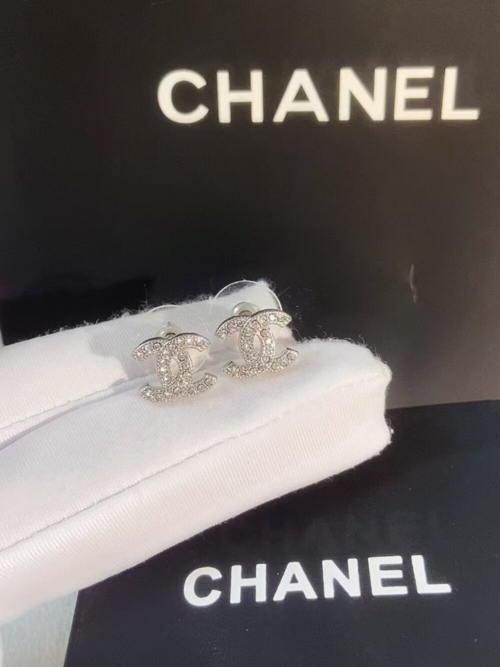 Chanel Classic CC Silver Rhinestone Stud Earrings - Picture 3 of 6